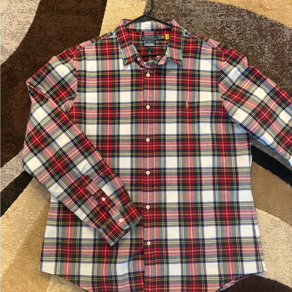 Ralph Lauren Men's Red and Blue Plaid Shirt